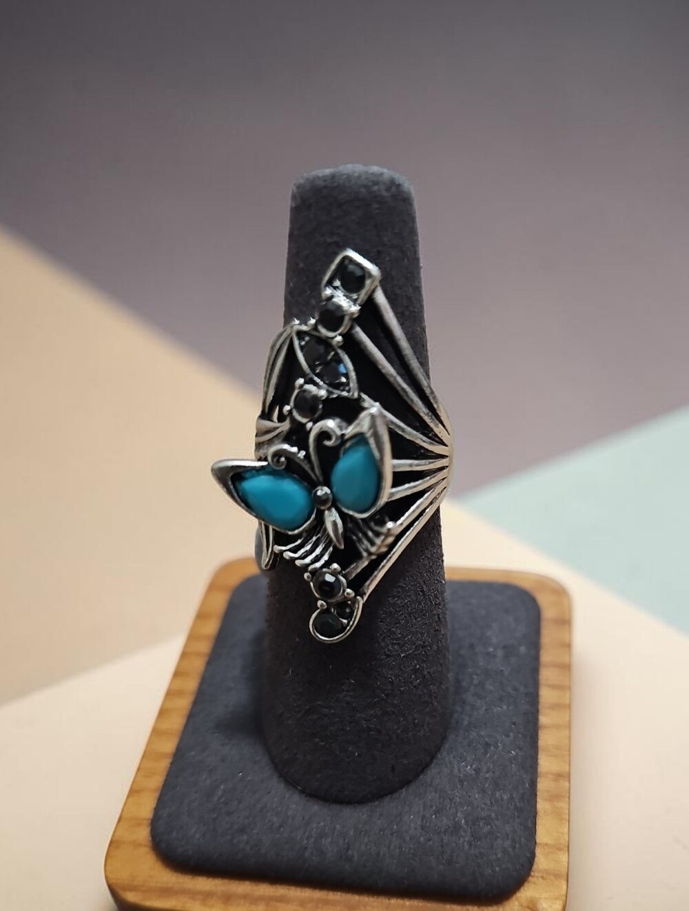 Nwt Vintage  Silver Turquoise   Colored Butterfly Ring - Blue Accent